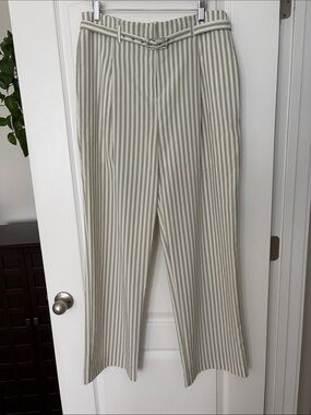 English Factory Striped Wide-Leg Trousers in Sage and Cream